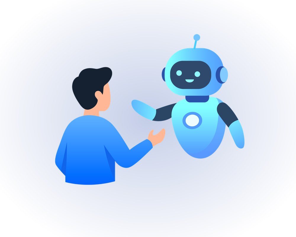 AIに話しかける人と、答えるAIのロボット。AIに紹介されるお店になる