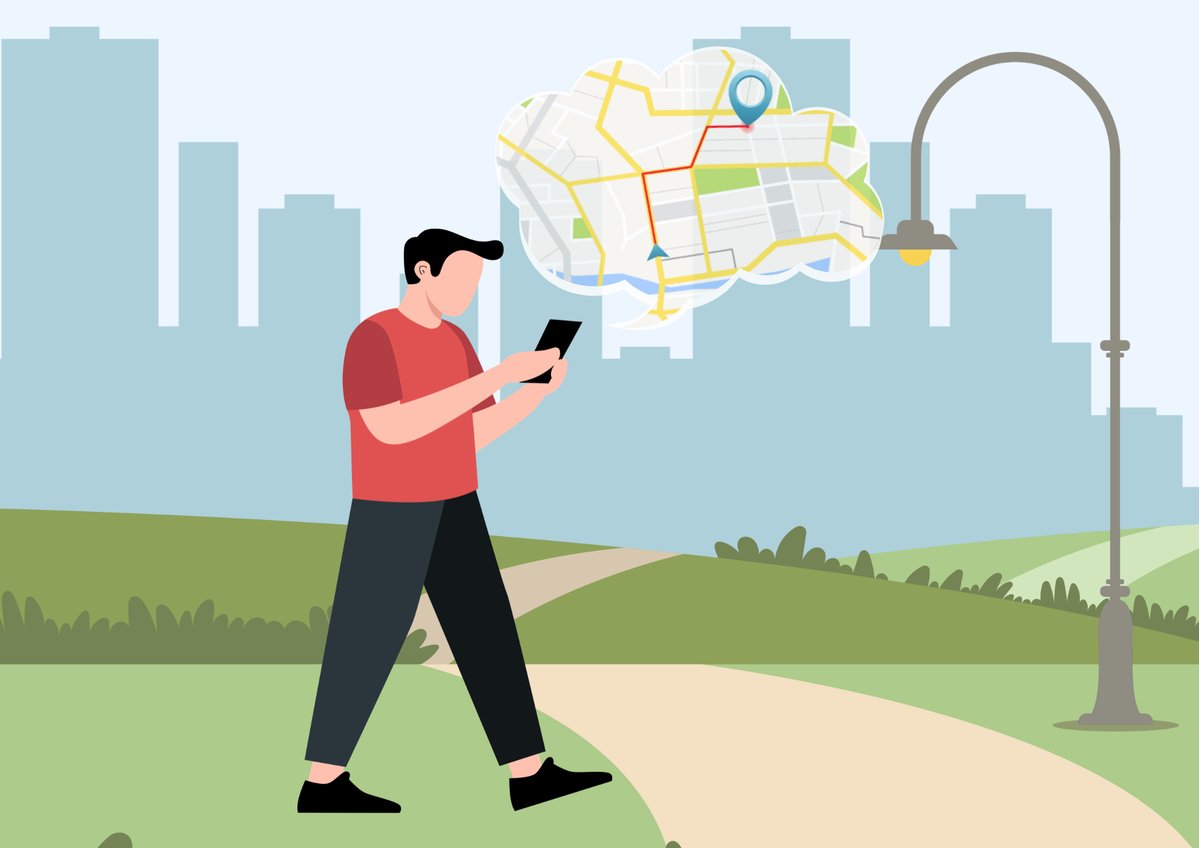 スマホで地図を見ながらお店に向かう人